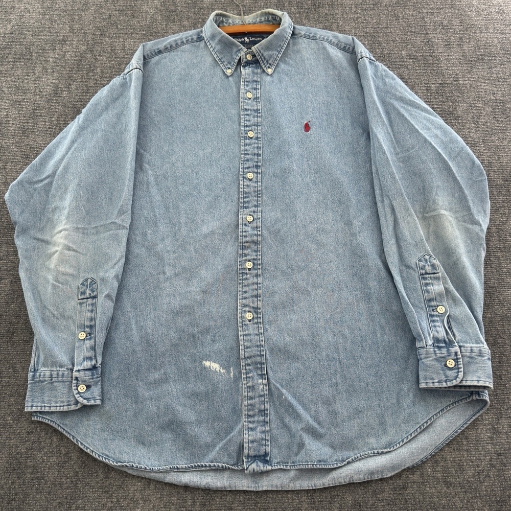 Vintage Ralph Lauren Blake Light Wash Denim Shirt Mens XL Red Pony Button Down